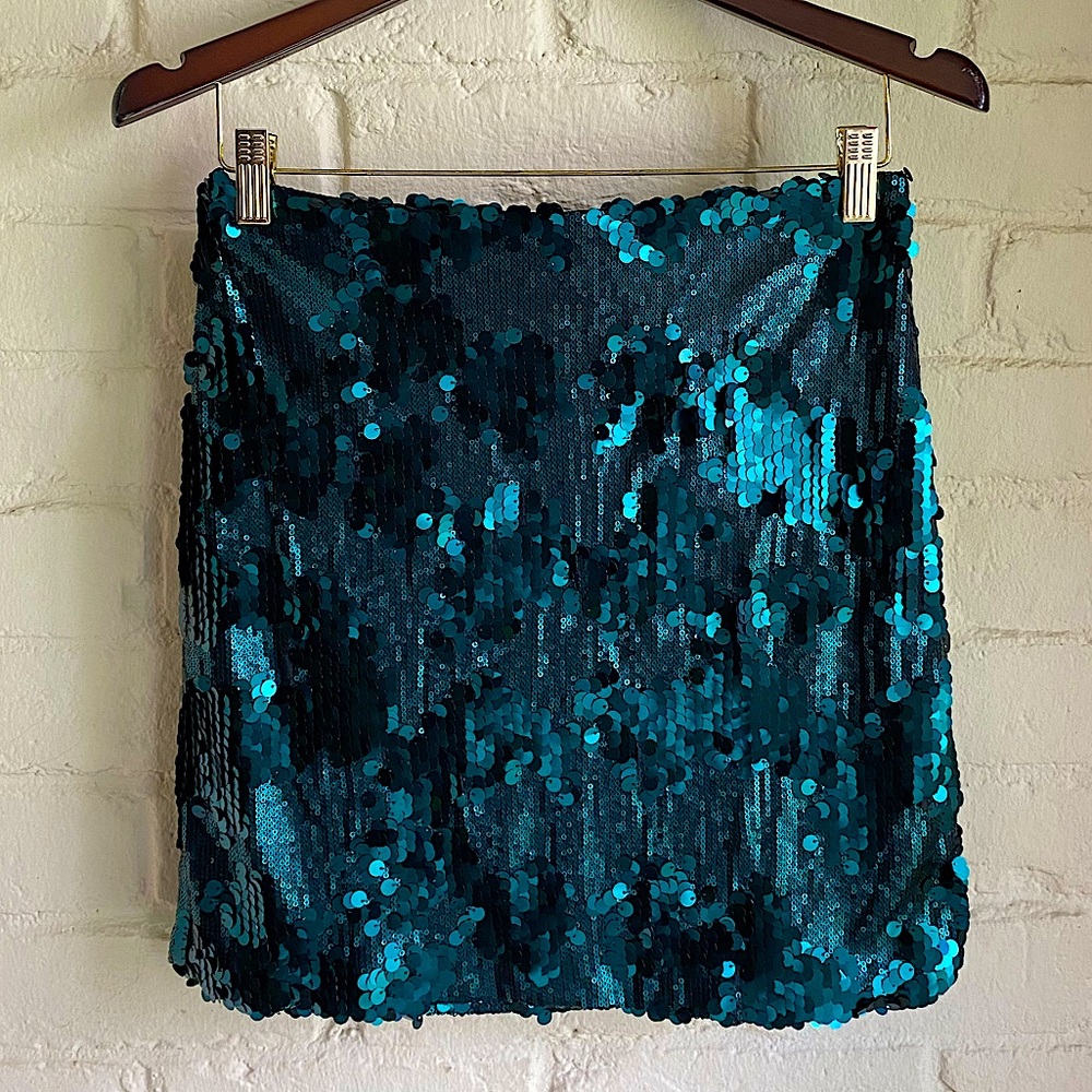 Blue Rain turquoise blue sequined mini skirt sz small party cocktail